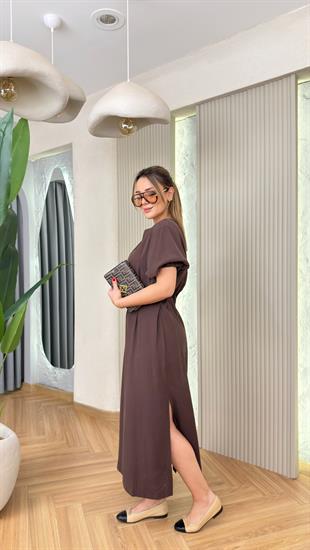 Kahve Faina Pile Detaylı Tensel Elbise 