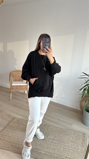Pileli Yanları Yırtmaçlı Siyah Sweat