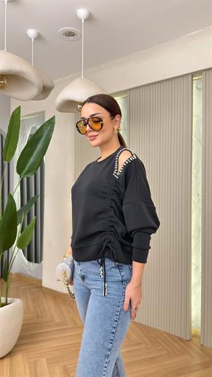 Siyah Taş Detay Büzgülü Modal Sweat