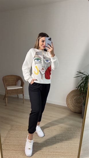 Renkli Yüz Baskı Beyaz Sweatshirt