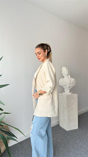 Kol Katlamalı Astarlı Keten Blazer Ceket