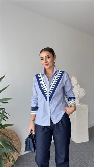 Made Ribanalı Çizgili Lacivert Gömlek