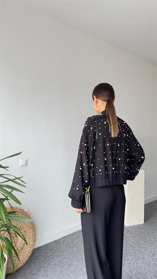 New İncili Siyah Bomber Ceket