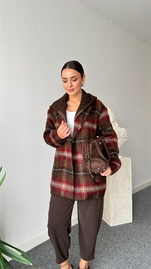 Triko Kapüşon Detaylı Astarlı Bordo Ekose Kaban