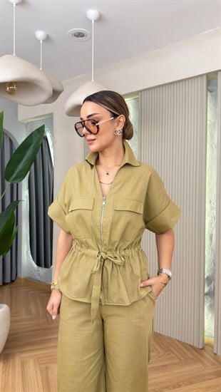 Olive Karlo Bel Büzgülü Keten Takım