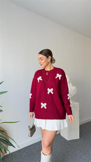 Bordo Britin Fiyonk Detaylı Kazak