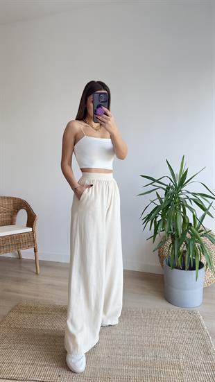 Beli İşleme Lastikli Keten Pantolon