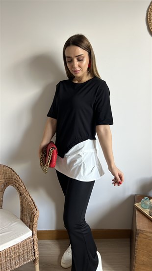 Beyaz Poplin Detaylı Basic Tshirt