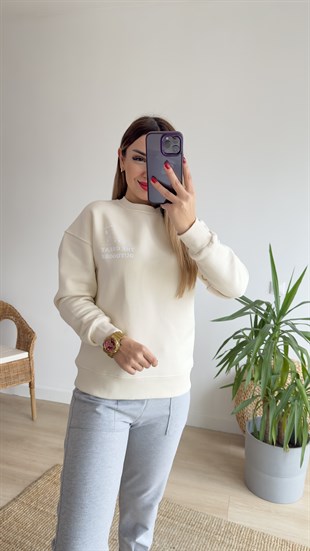 Snoopy Baskılı Bej Sweatshirt