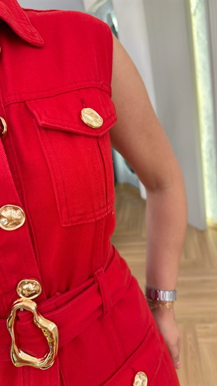 Cesia Gold Düğmeli Kırmızı Gabardin Elbise 