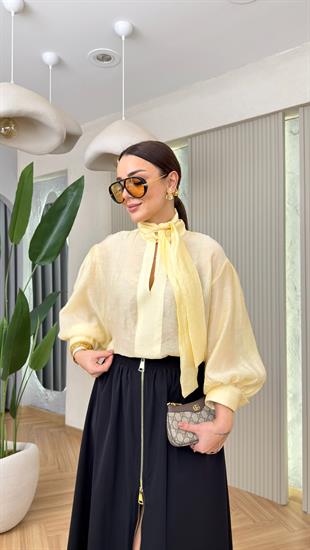 Sarı Minerve Balon Kol Fularlı Bluz
