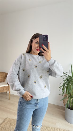 Göz Detaylı Şardonlu Gri Sweat