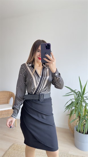 Çizgi Desen Kemerli Şifon Saten Elbise 