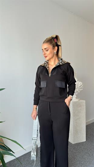 Siyah Premium Leopar Detaylı Modal Takım