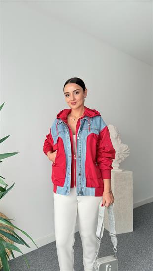 Kırmızı Paraşüt Detaylı Mavi Jean Ceket 