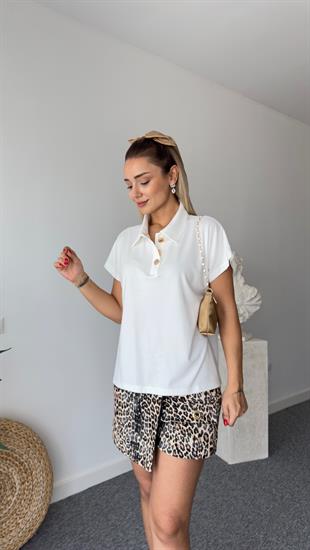 Gold Düğmeli Modal Beyaz Bluz