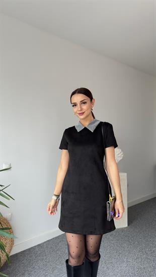Yaka Taşlı Siyah Süet Elbise 