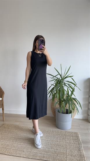 Woven Kolsuz Siyah Basic Elbise 