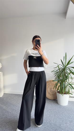 Kalın Kemer Detaylı Arkası Lastikli Siyah Palazzo 