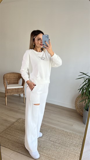 Yazı Detaylı İki İplik Beyaz Sweat
