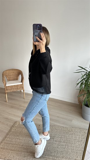 File Detaylı Siyah Sweatshirt