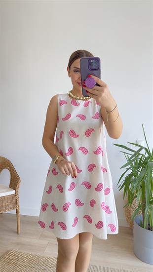 Pembe İşlemeli Keten Çan Elbise