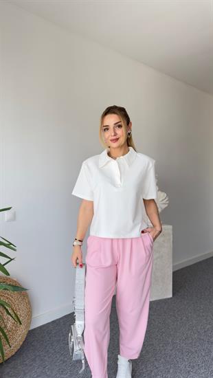 Marte Polo Yaka Ekru Vatkalı Tshirt
