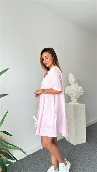 Pembe Lana Önü Pileli Elbise 