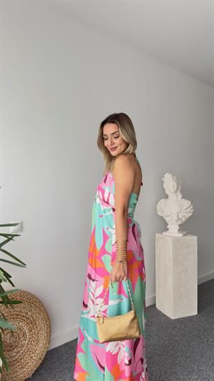 Fore Yaka Taş Detaylı Renkli Saten Elbise 