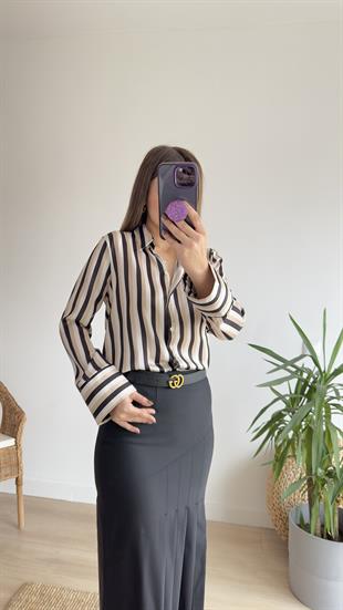 Zra Model Bej Siyah Saten Gömlek