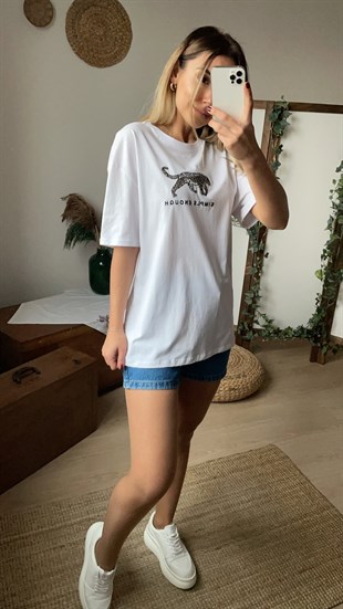 Kaplan Desen Beyaz Tshirt