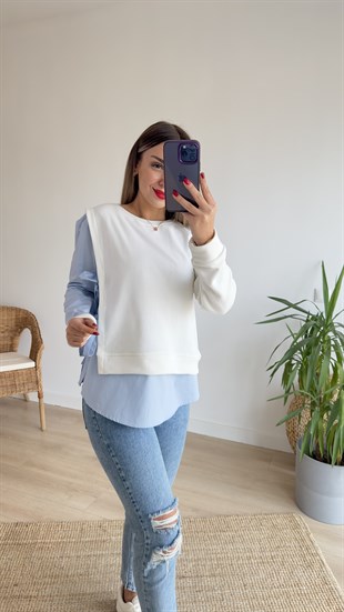 Mavi Gömlek Detaylı Beyaz Sweat