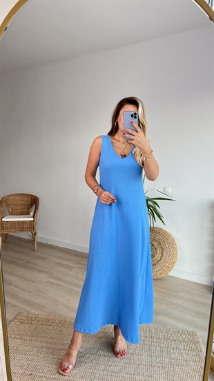 Kolsuz V Yaka Mavi Maxi Elbise