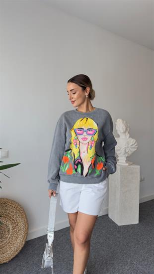 Kız Baskılı Orj Marka Gri Sweatshirt