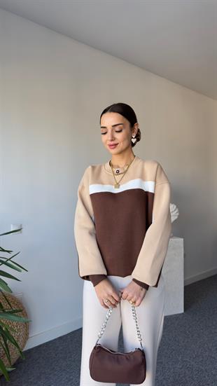 Beyaz Şeritli Çift Renk Sweat Kahve