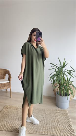 Oversize Haki Kapüşonlu Elbise 