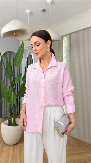 Pembe Minka Parıltılı Taş Detaylı Gömlek
