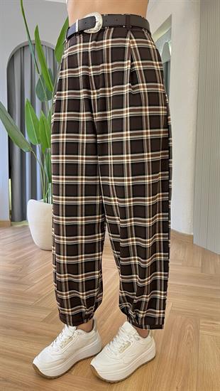 Bej Ekoseli Reyna Kemerli Balon Pantolon 