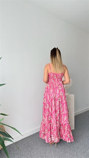 Pembe Etnik Desen Saten Premium Elbise
