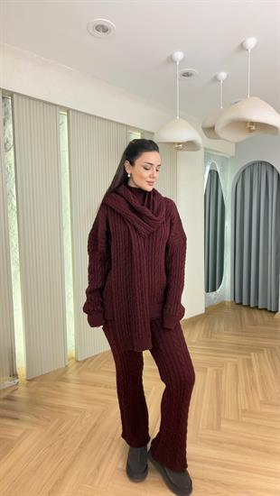 Bordo Atkılı Üçlü Triko Takım