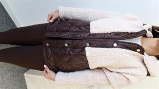 Kahve Kapitone Detaylı Ekru Teddy Ceket