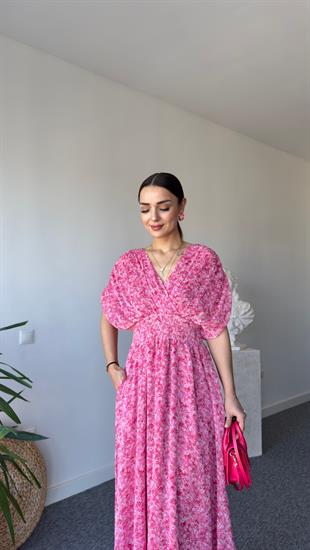 Pembe Çiçek Desen Bel Büzgü Maxi Elbise 