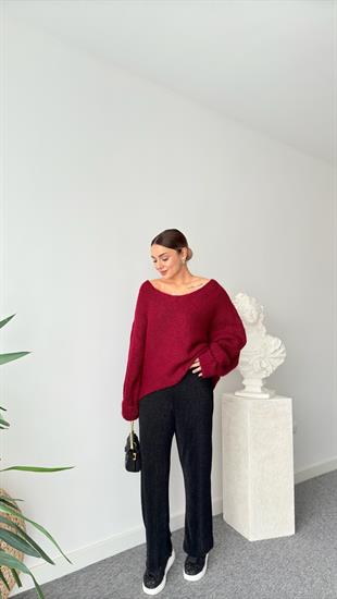 Bordo Kolları Katlamalı V Yaka Kazak