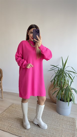 Pembe Dik Yaka Triko Elbise 
