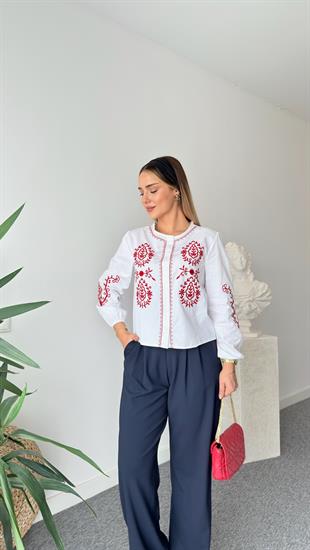 Clado Kırmız Nakış İşlemeli Poplin Gömlek