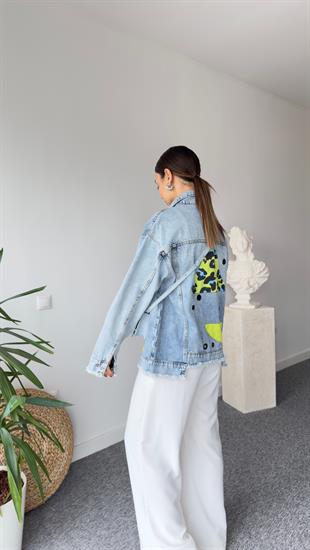 Lera Yeşil Leopar Detaylı Tasarım Jean Ceket