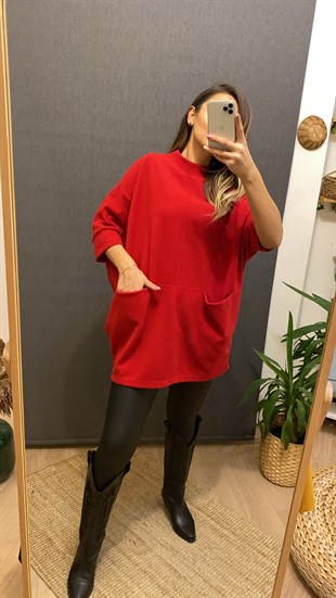 Önden Cepli  Oversize Kırmızı Tunik