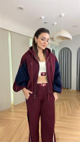 Bordo Balon Kol Triko Garnili Üçlü Takım