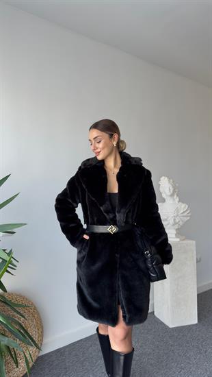 İçi Leopar Astarlı Siyah Peluş Kaban