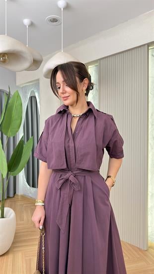 Bordo Neun Kapak Detaylı Premium Elbise 